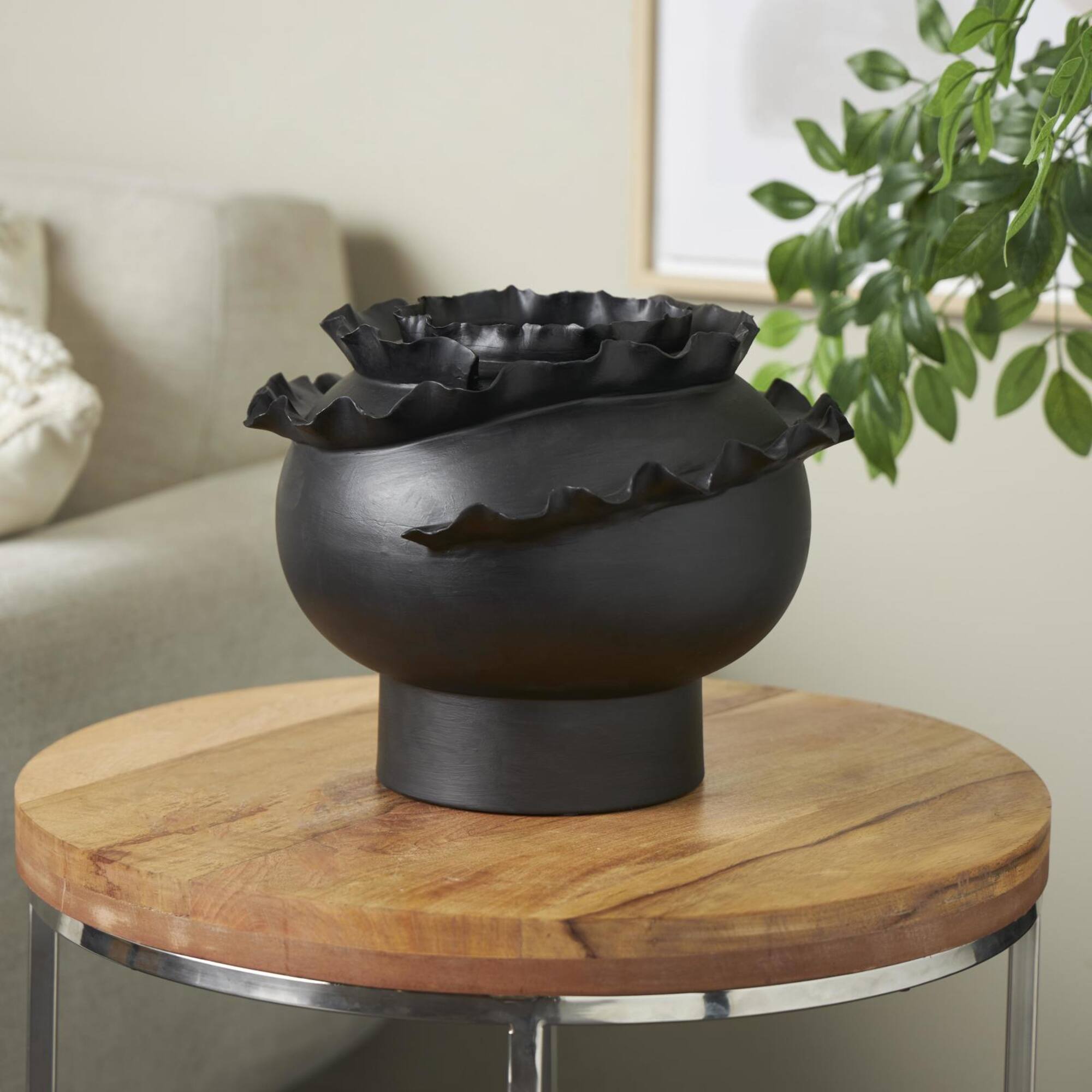 11.5" Black Wide Abstract Floral Ceramic Vase with Layered Petals